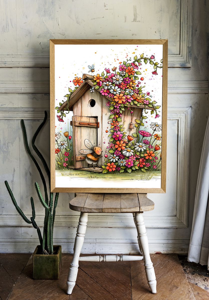 Flowering Birdhouse Garden Illustration Poster. room preview