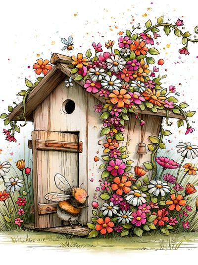 Flowering Birdhouse Garden Illustration Poster. poster