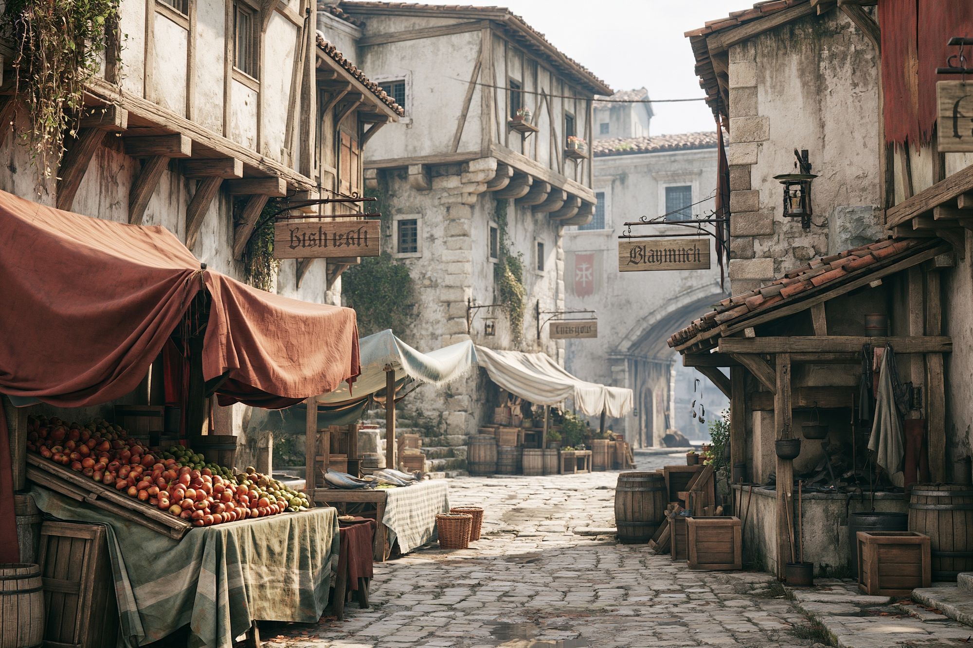 Medieval Market Street Illustration Print. poster — illustration art