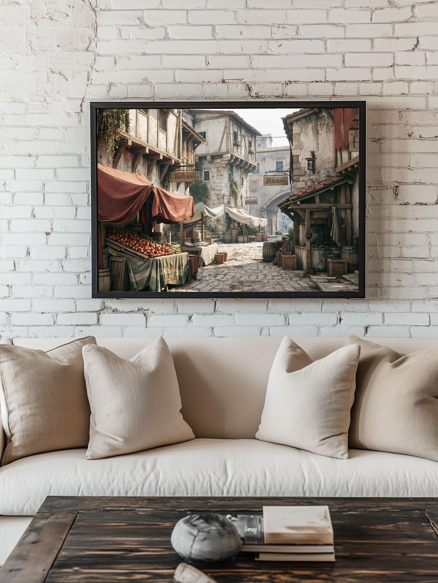 Medieval Market Street Illustration Print. — room view 1