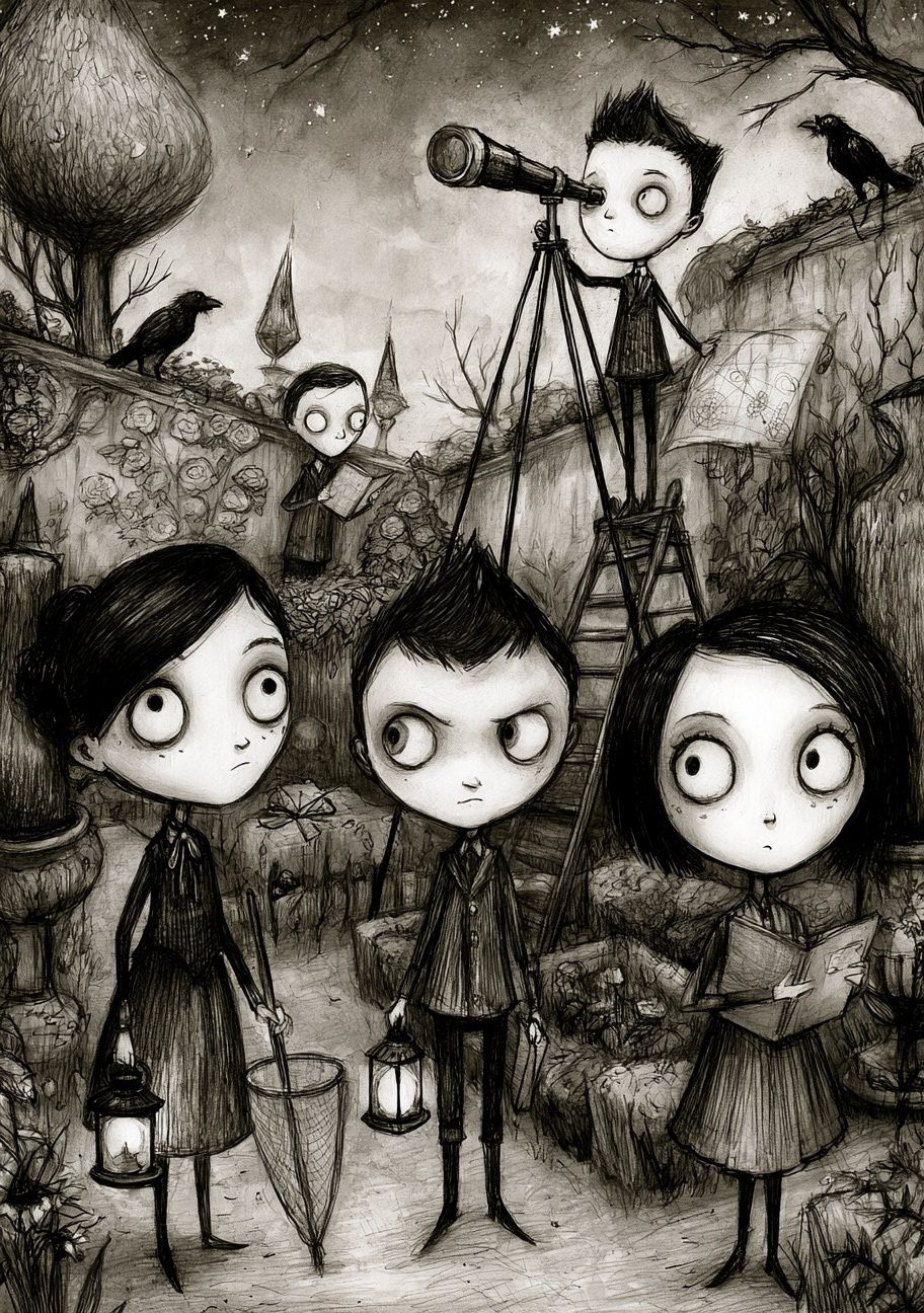 Gothic Children in Garden Illustration Poster. poster — illustration art