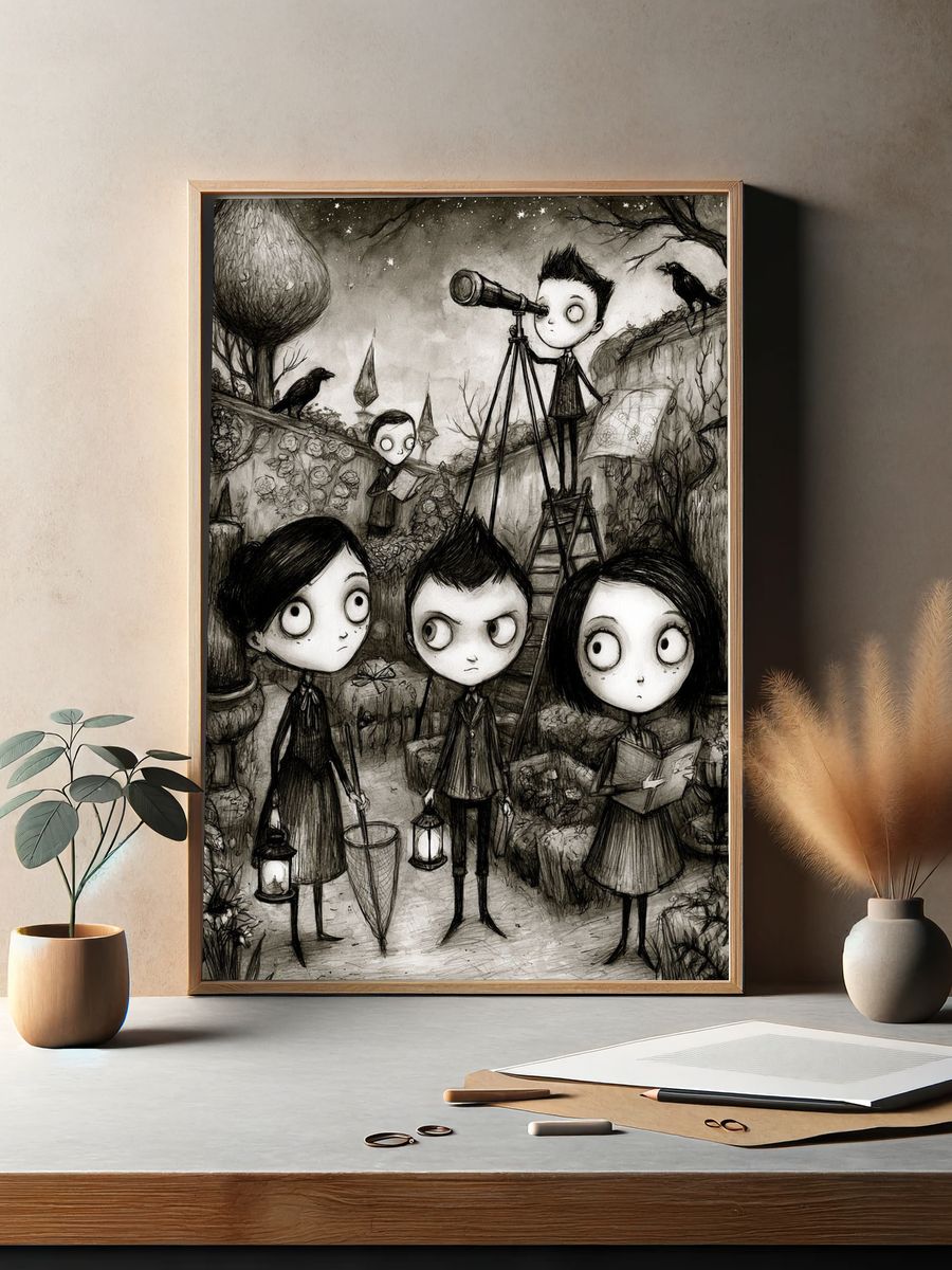 Gothic Children in Garden Illustration Poster. — room view 2