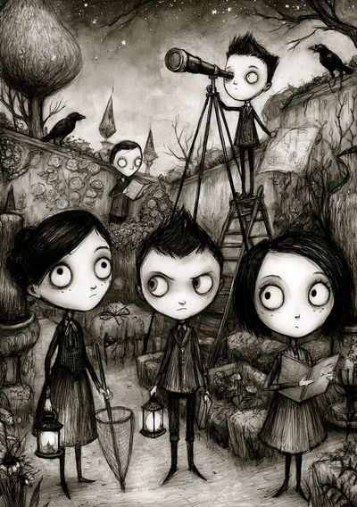 Gothic Children in Garden Illustration Poster. poster