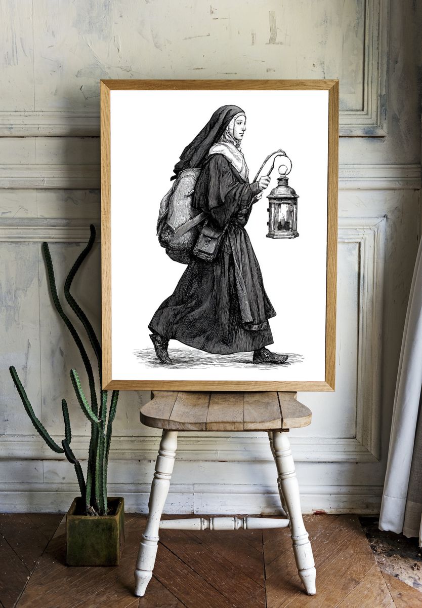 Nun with Lantern Illustration Poster. — room view 1
