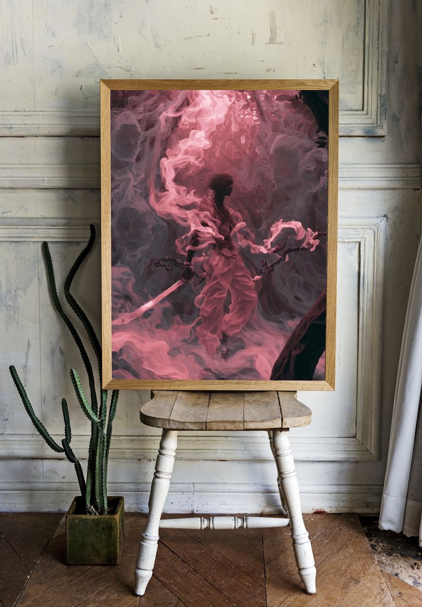 Pink Smoke Warrior Illustration Print. — room view 1
