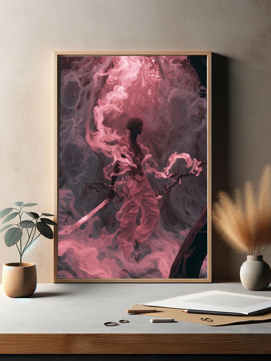 Pink Smoke Warrior Illustration Print. — room view 2