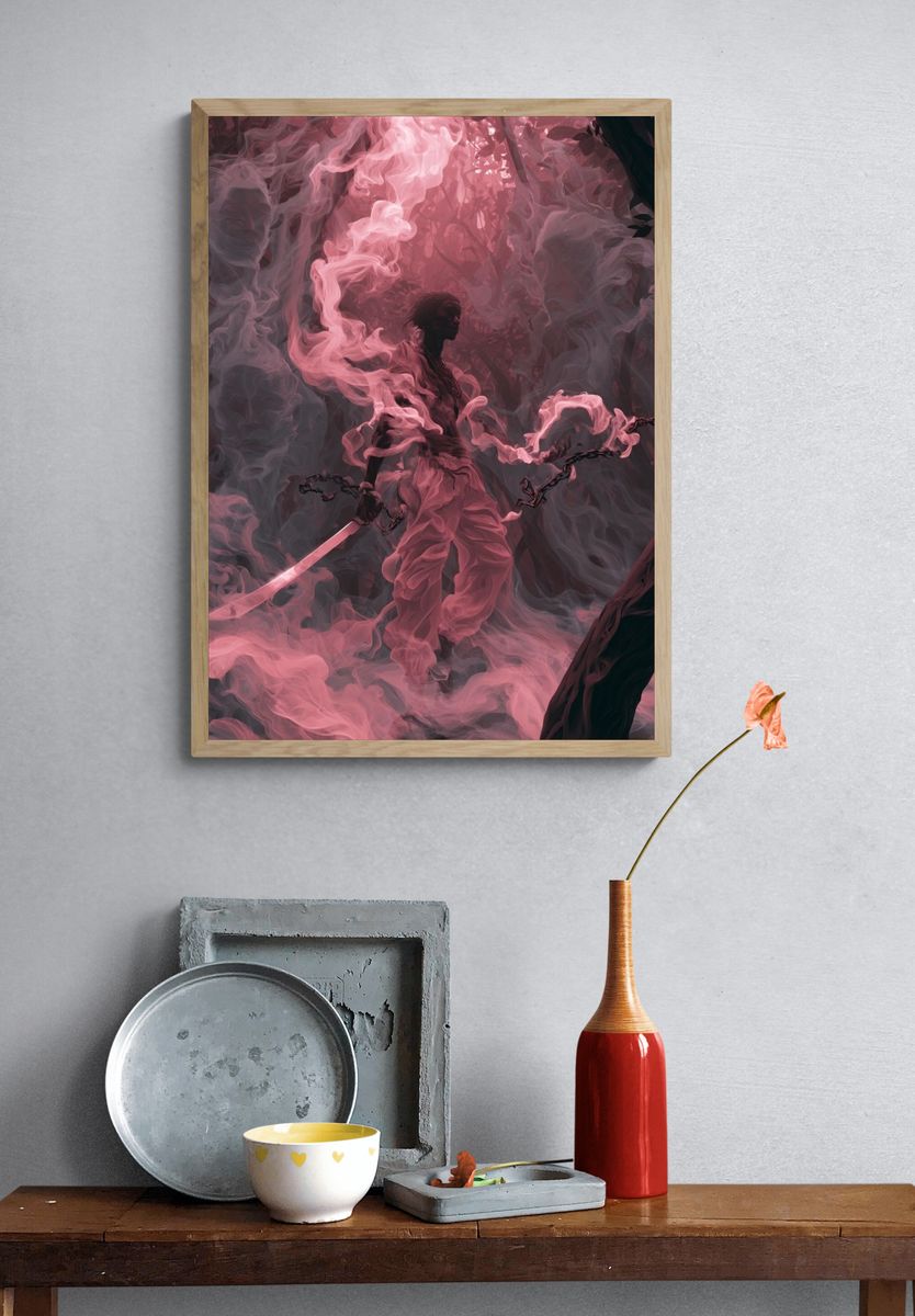 Pink Smoke Warrior Illustration Print. — room view 3