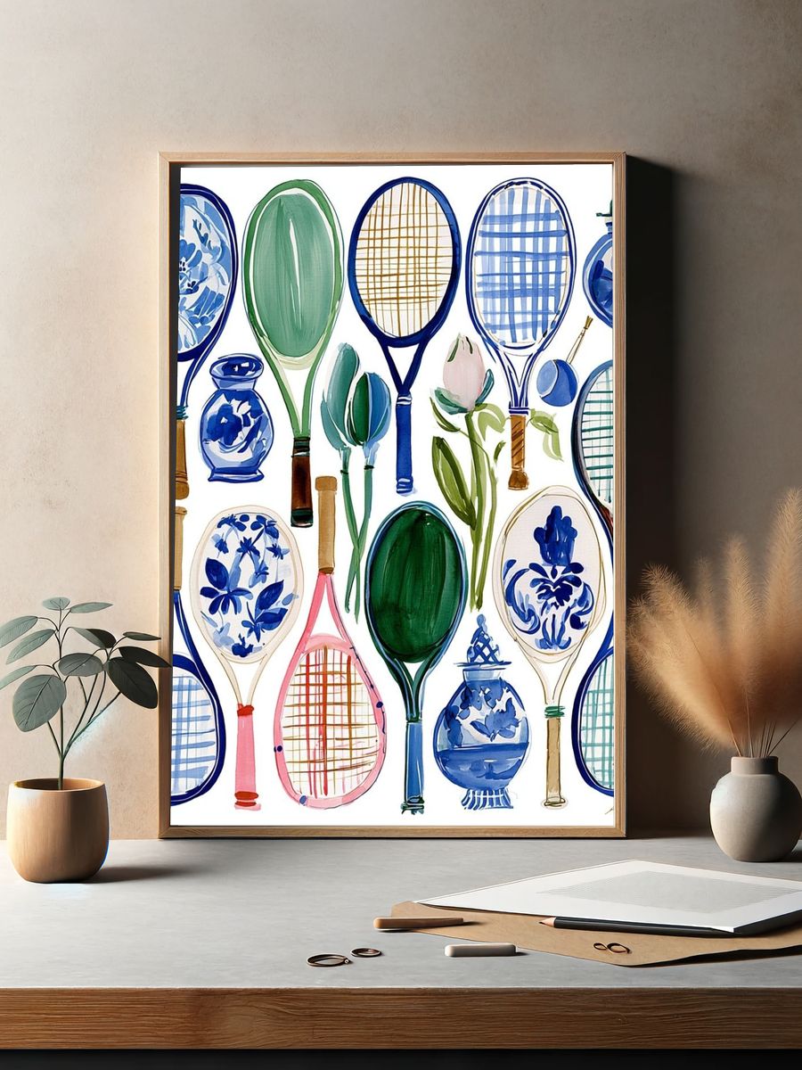 Watercolor Tennis Rackets Illustration Poster. — room view 2