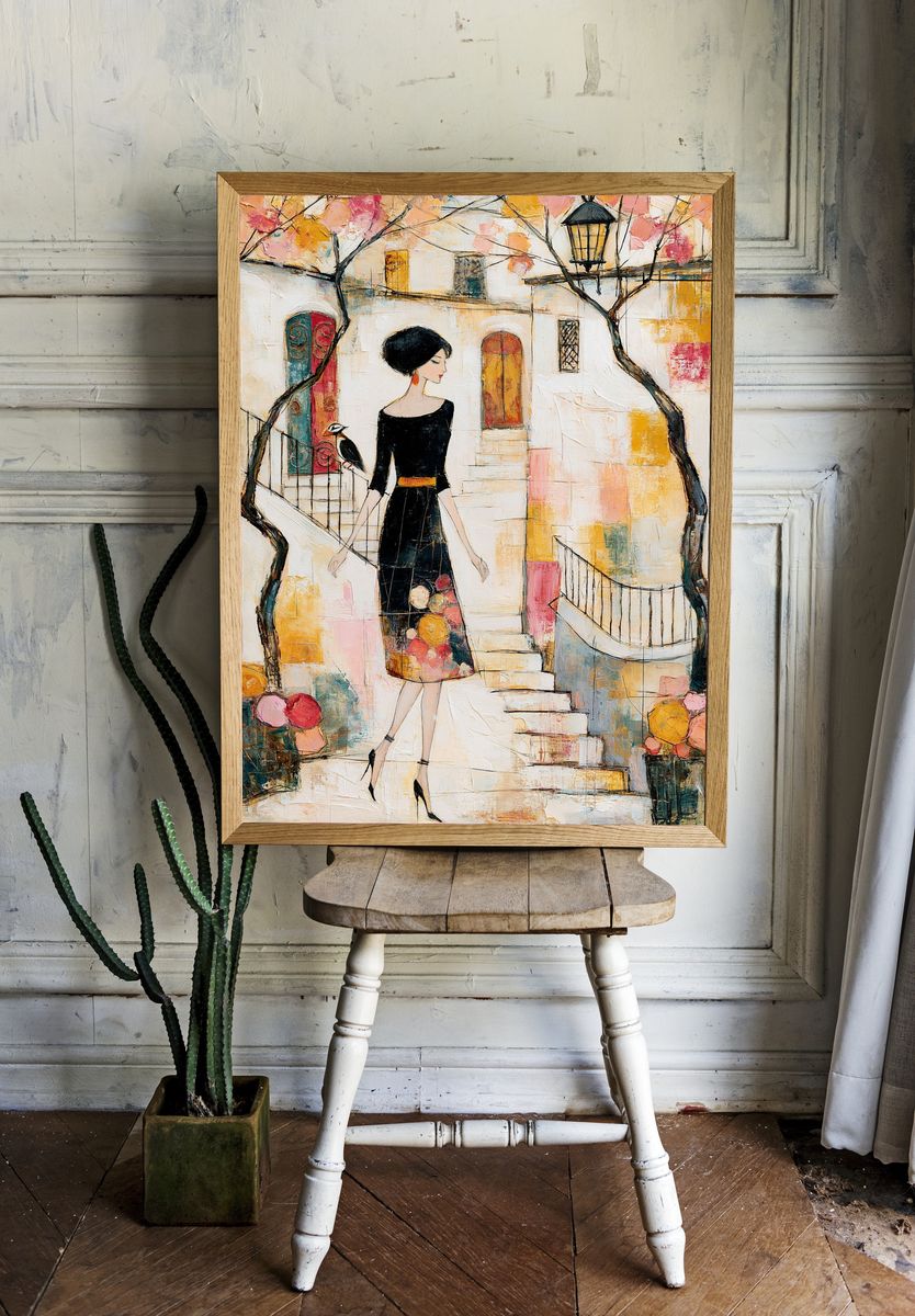 Elegant Woman in Courtyard Illustration Poster. — room view 1