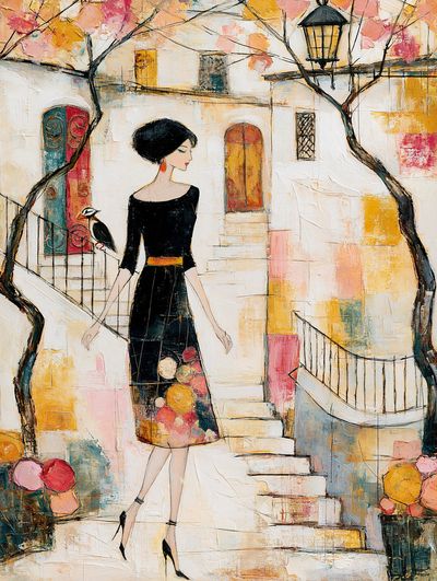 Elegant Woman in Courtyard Illustration Poster.