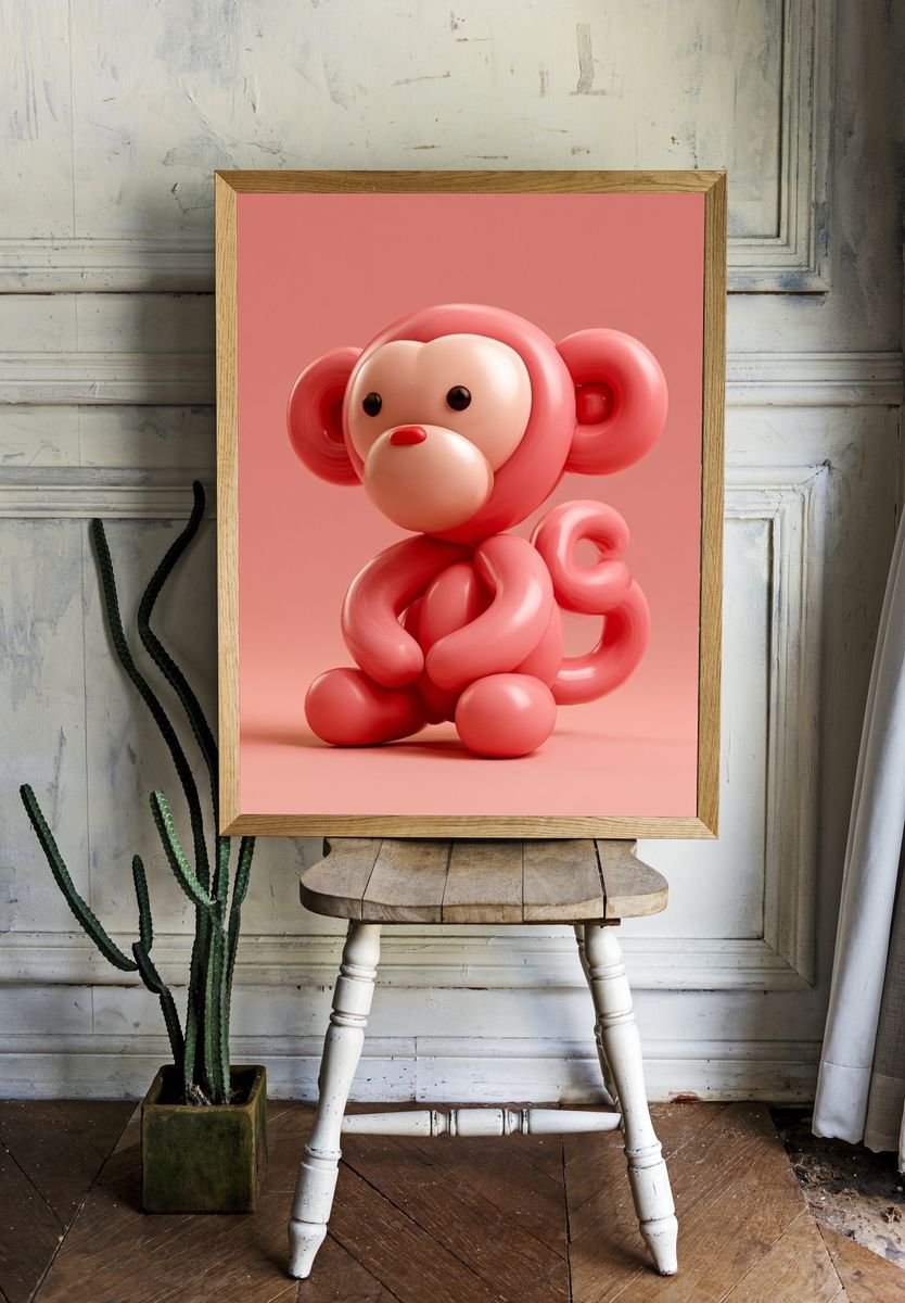 Pink Balloon Monkey Illustration Poster. — room view 1