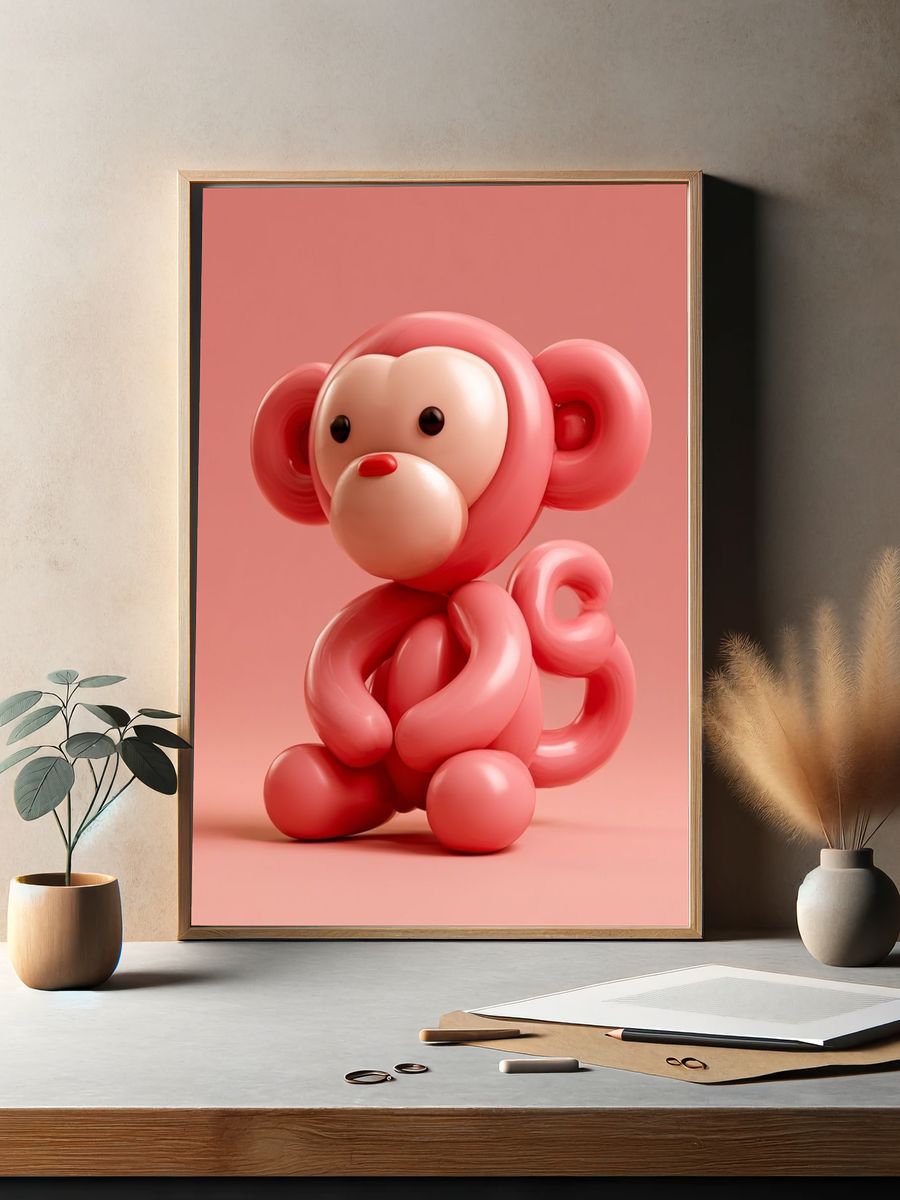 Pink Balloon Monkey Illustration Poster. — room view 2