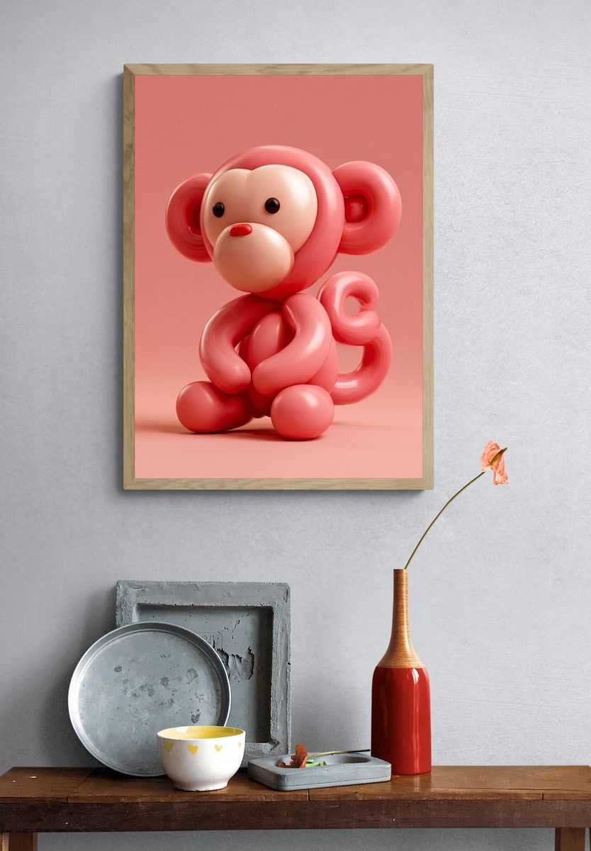 Pink Balloon Monkey Illustration Poster. — room view 3