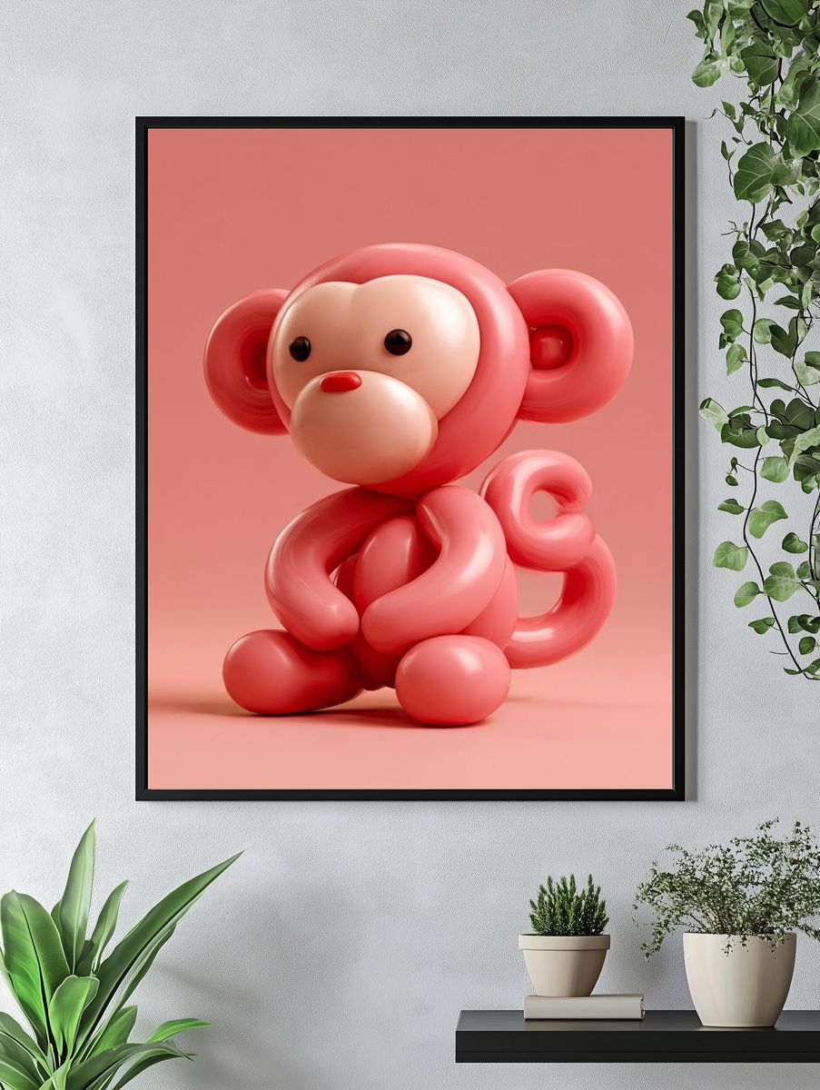 Pink Balloon Monkey Illustration Poster. — room view 4