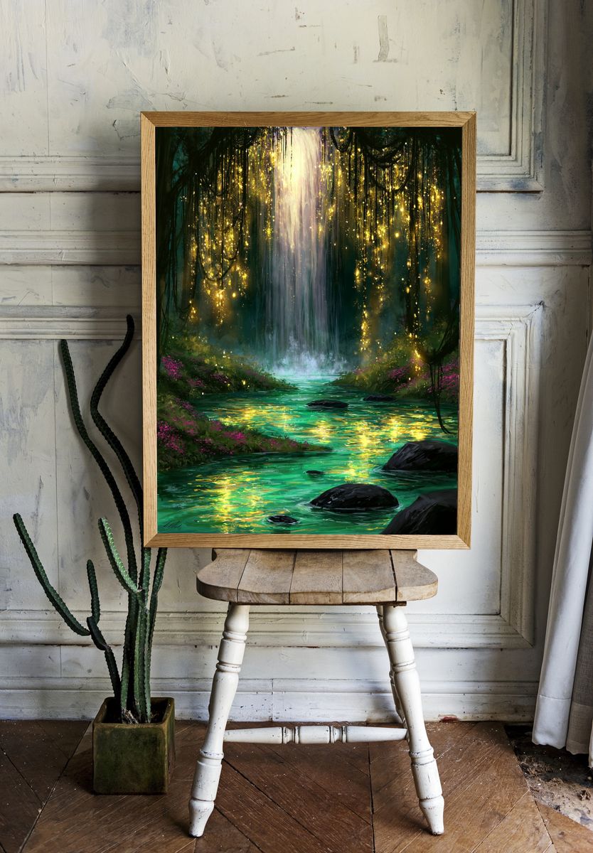 Enchanted Waterfall Forest Print. room preview