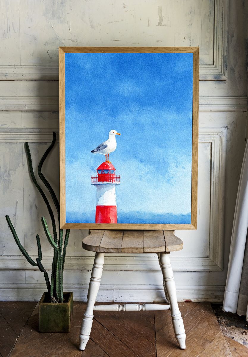 Seagull on Lighthouse Watercolor Poster. — room view 1