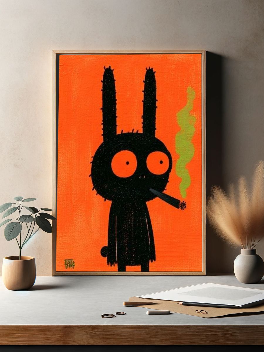 Black Bunny Character Illustration Poster. — room view 2