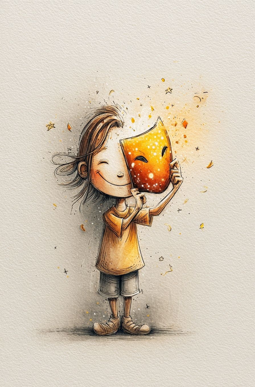 Child Holding Mask Illustration Poster. poster detail