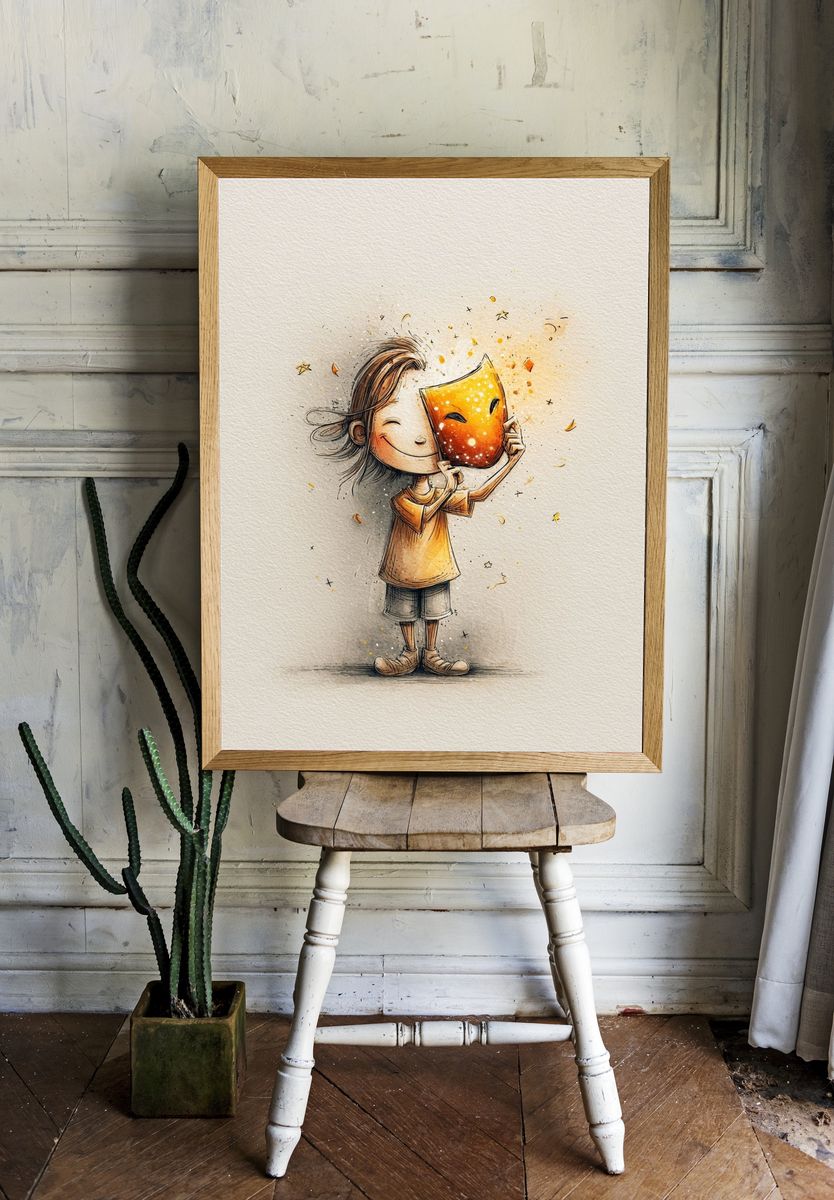 Child Holding Mask Illustration Poster. room preview