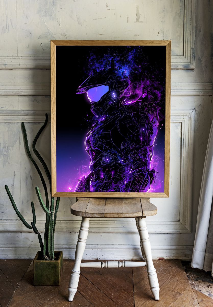 Neon Spartan Helmet Illustration Poster. — room view 1