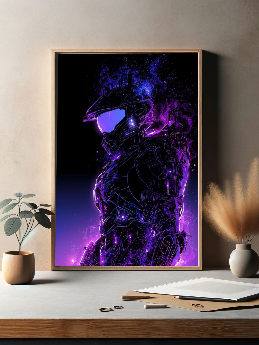Neon Spartan Helmet Illustration Poster. — room view 2