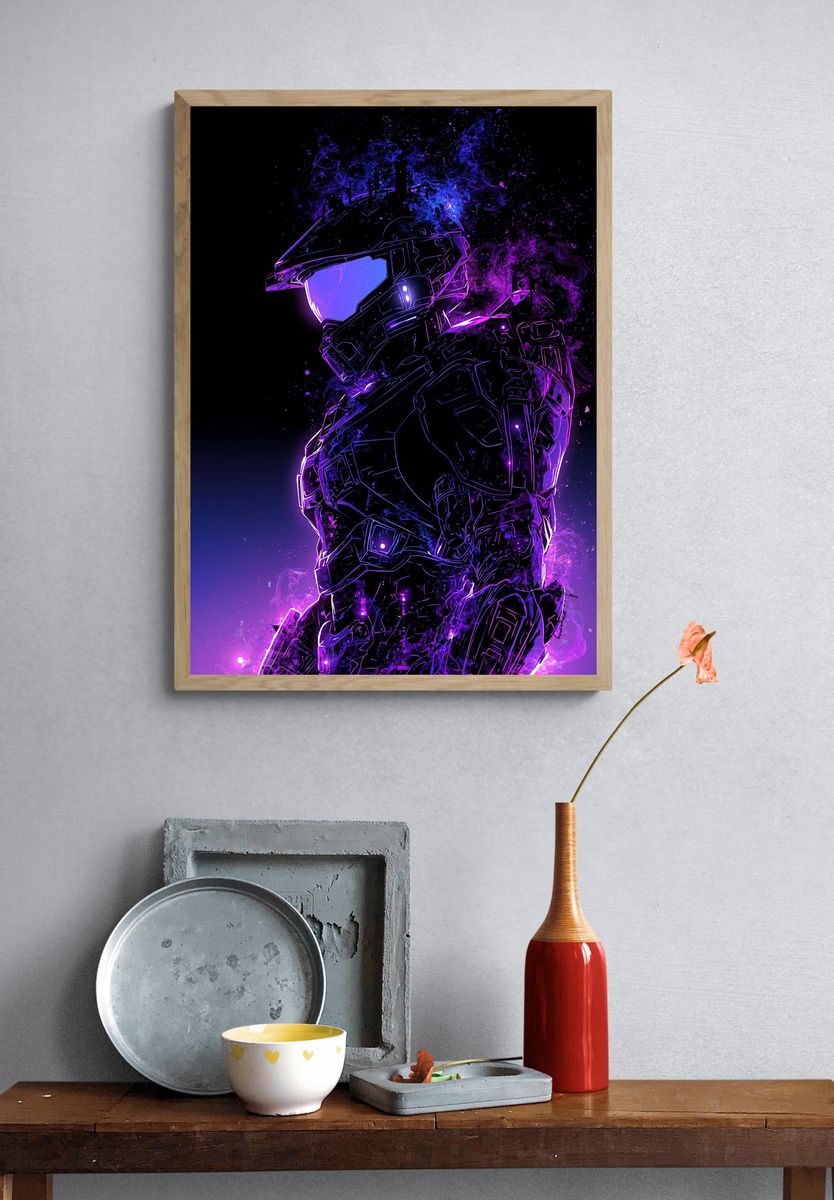 Neon Spartan Helmet Illustration Poster. — room view 3