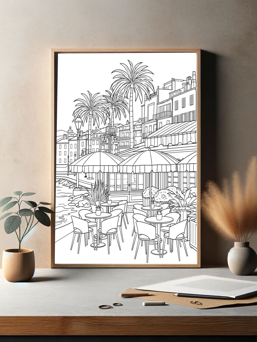 Mediterranean Harbor Line Art Poster. — room view 2