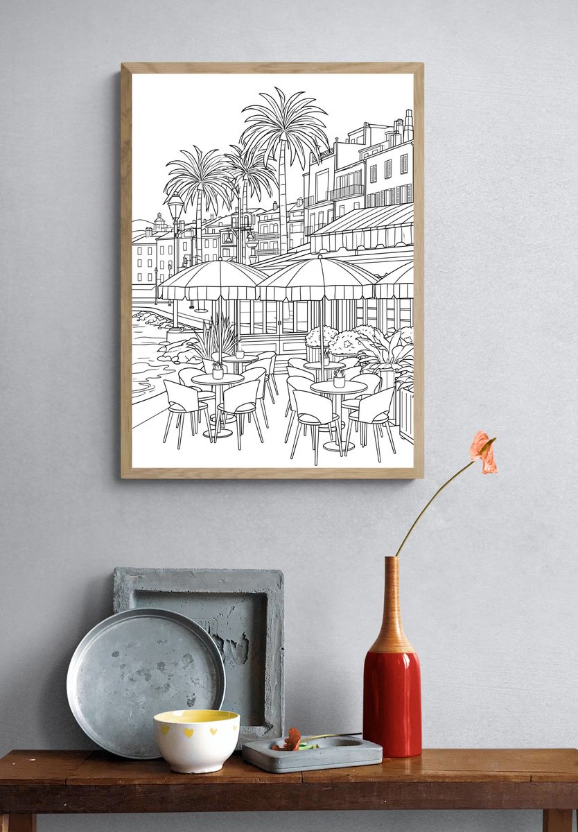 Mediterranean Harbor Line Art Poster. — room view 3
