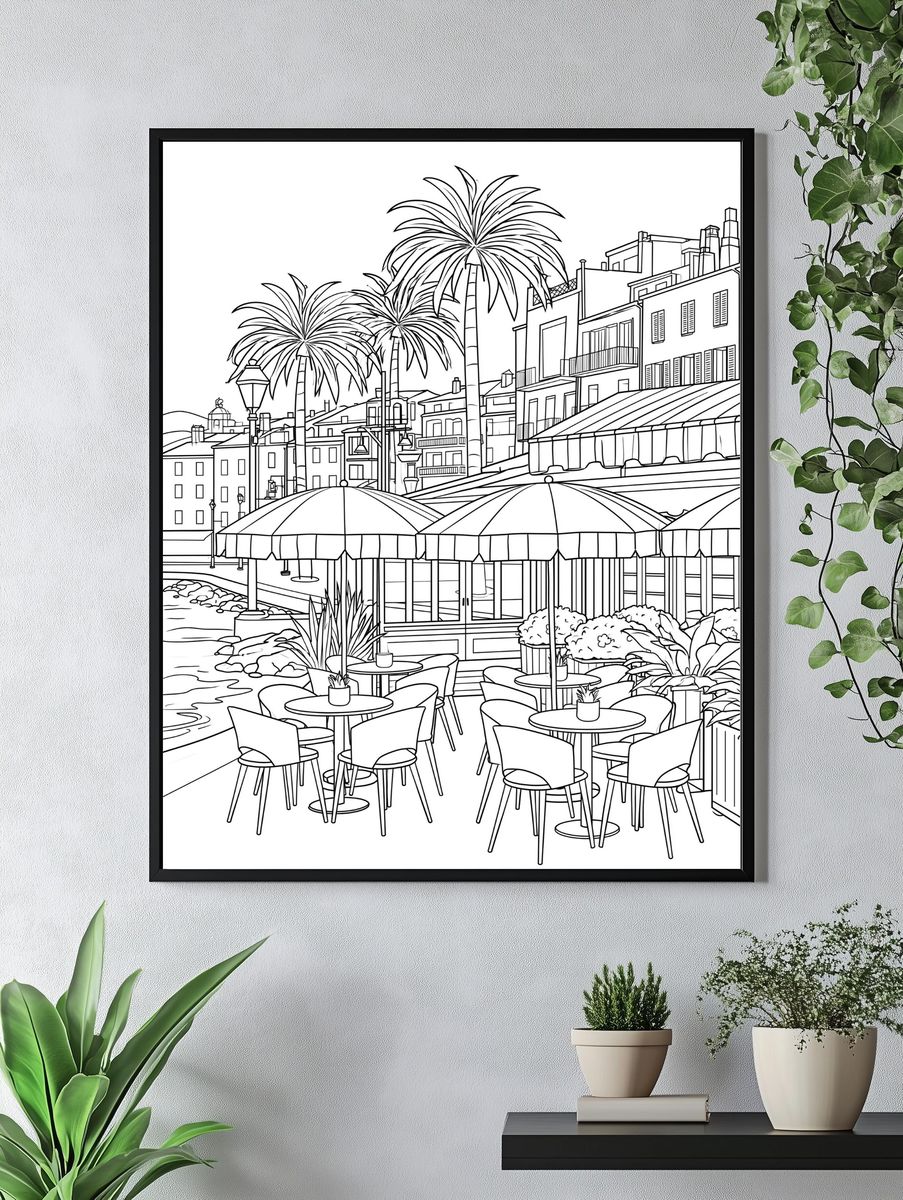 Mediterranean Harbor Line Art Poster. — room view 4