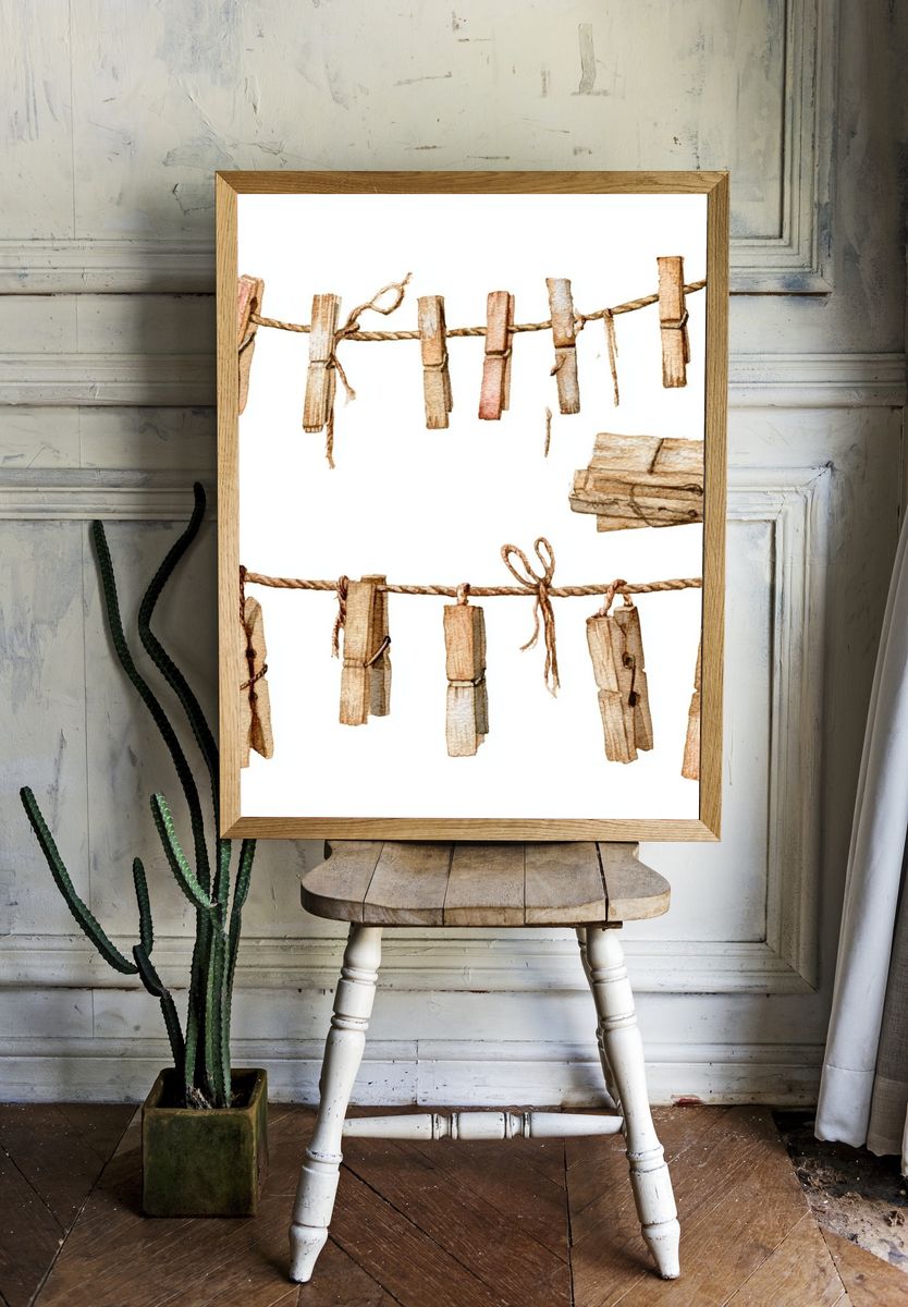 Rustic Clothespins Watercolor Print. room preview