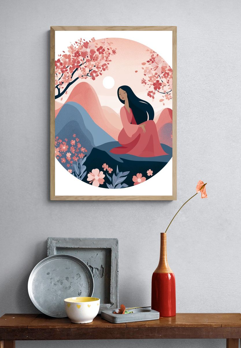 Cherry Blossom Serenity Illustration Print. — room view 3