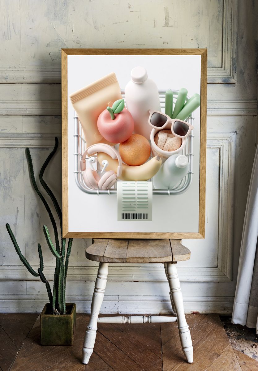 Pastel Grocery Basket Illustration Poster. — room view 1