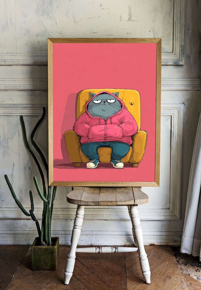 Grumpy Cat in Hoodie Illustration Poster. room preview