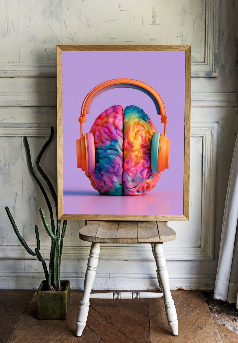 Colorful Brain Headphones Poster. — room view 1