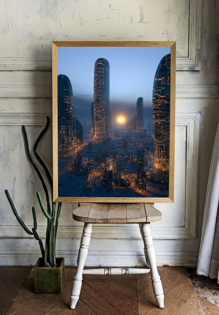 Futuristic Cityscape — Digital Art Print. room preview