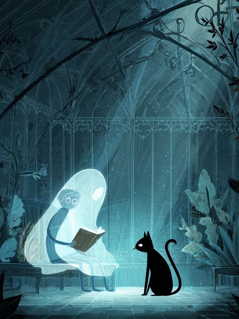 Moonlit Cat and Ghost Reader Poster. poster detail