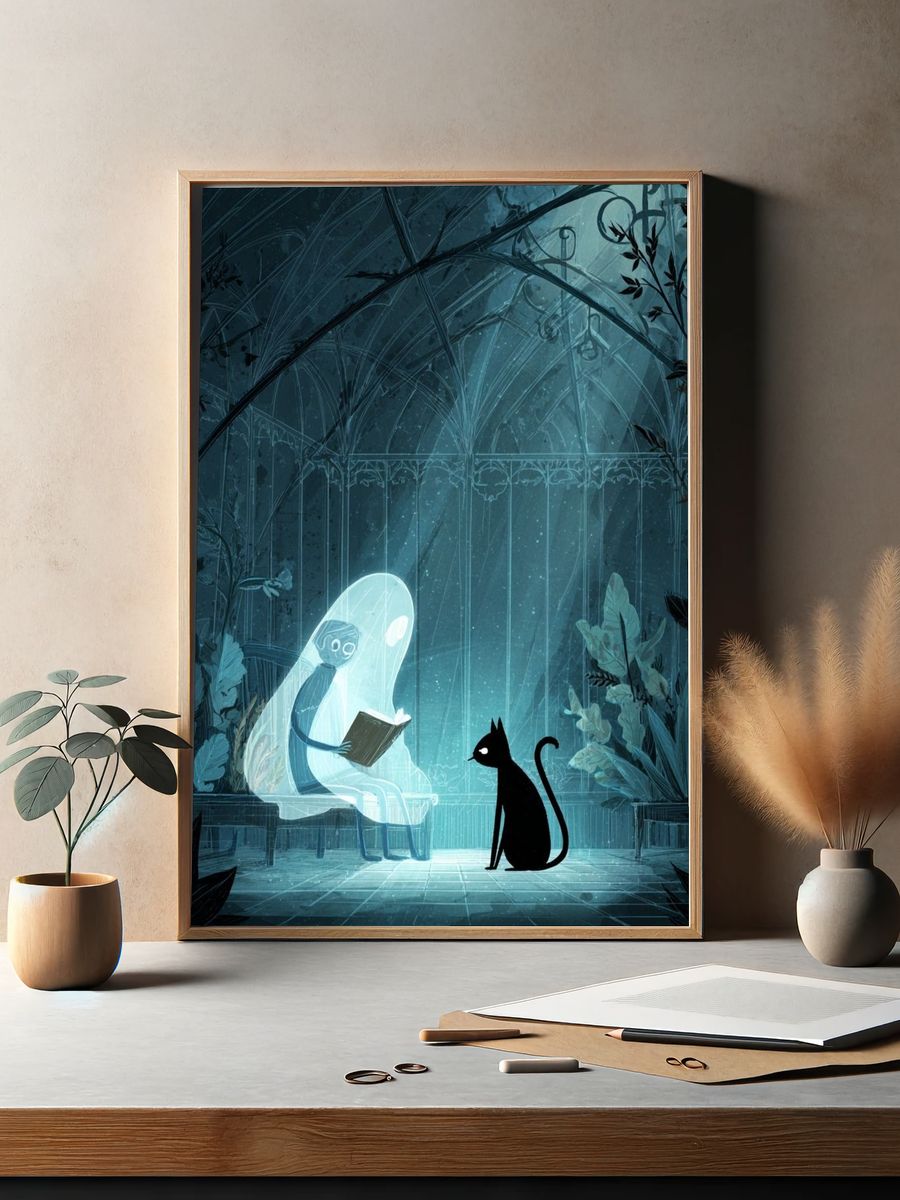 Moonlit Cat and Ghost Reader Poster. — room view 2