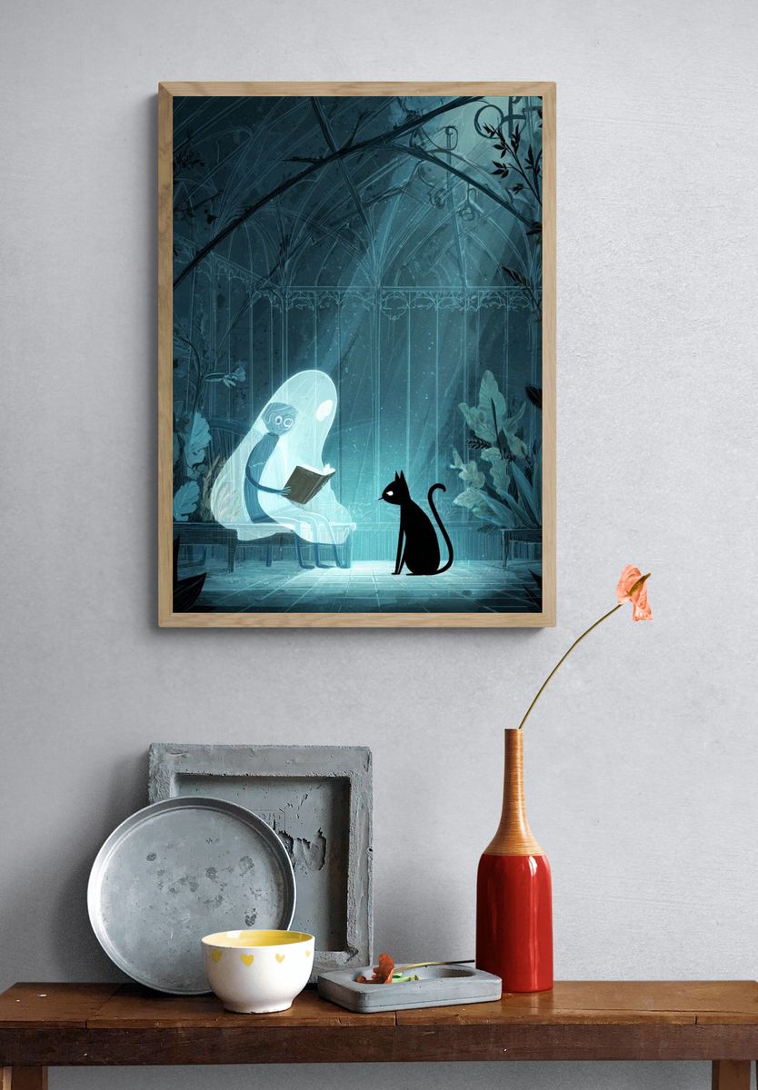 Moonlit Cat and Ghost Reader Poster. — room view 3