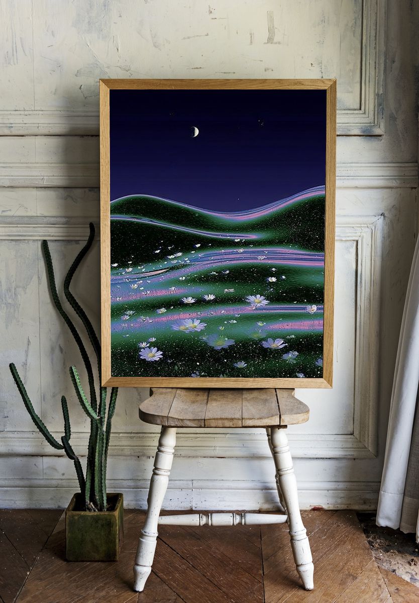 Moonlit Floral Hills Illustration Poster room preview