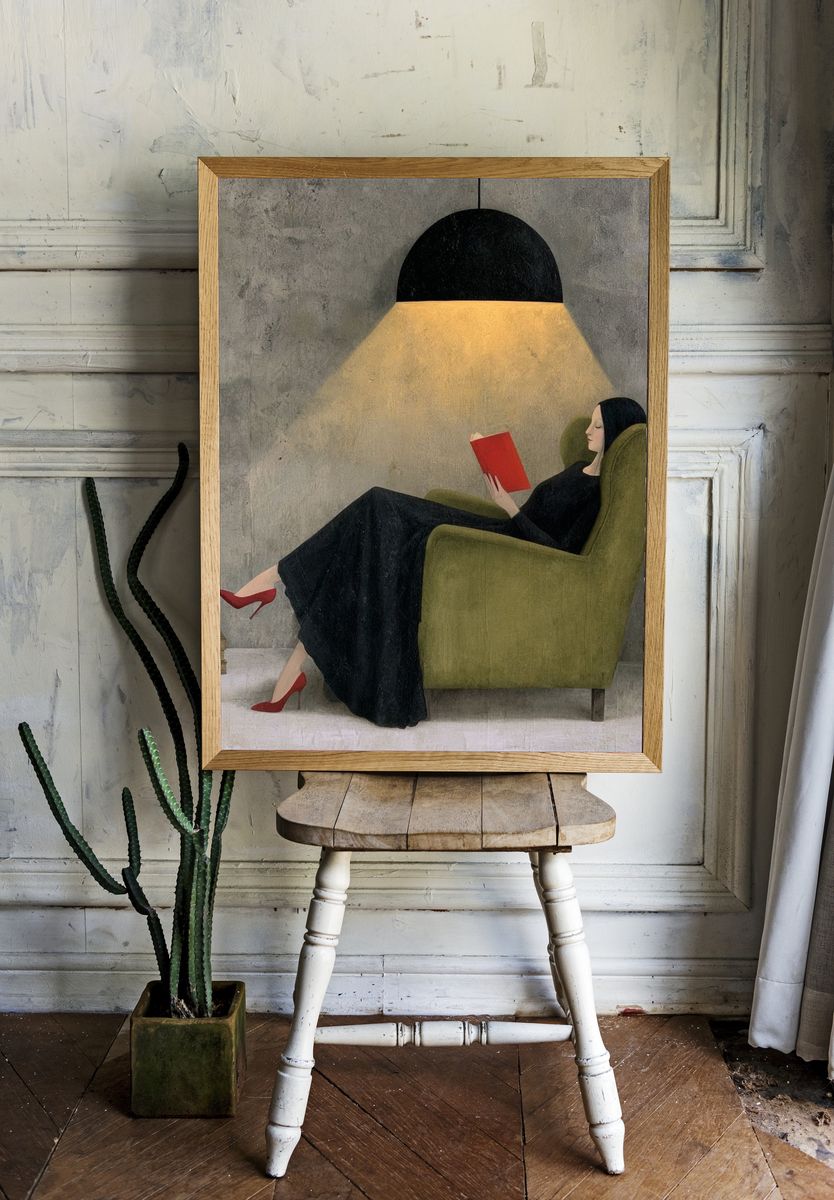 Reading Woman Surrealist Poster. room preview