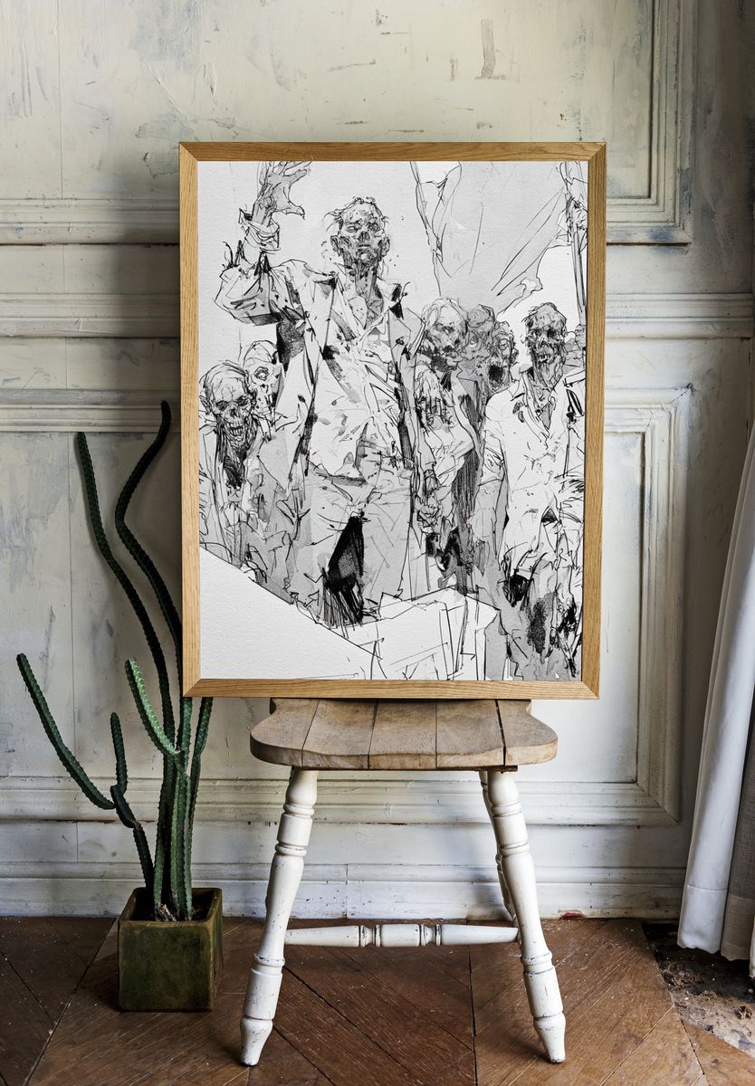 Zombie Horde Ink Illustration Poster. — room view 1