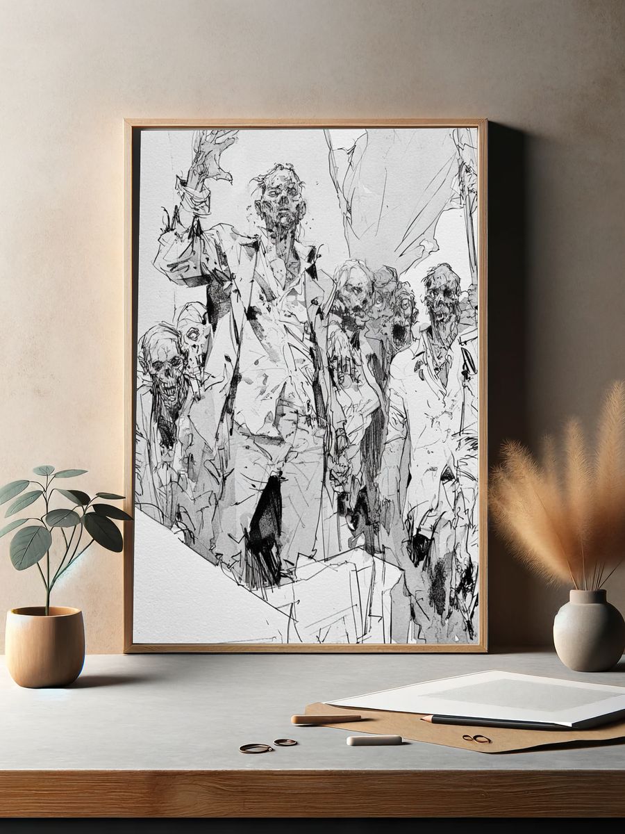Zombie Horde Ink Illustration Poster. — room view 2