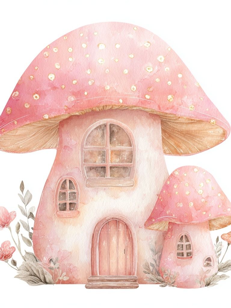 Pink Mushroom Cottage Watercolor Print. poster detail