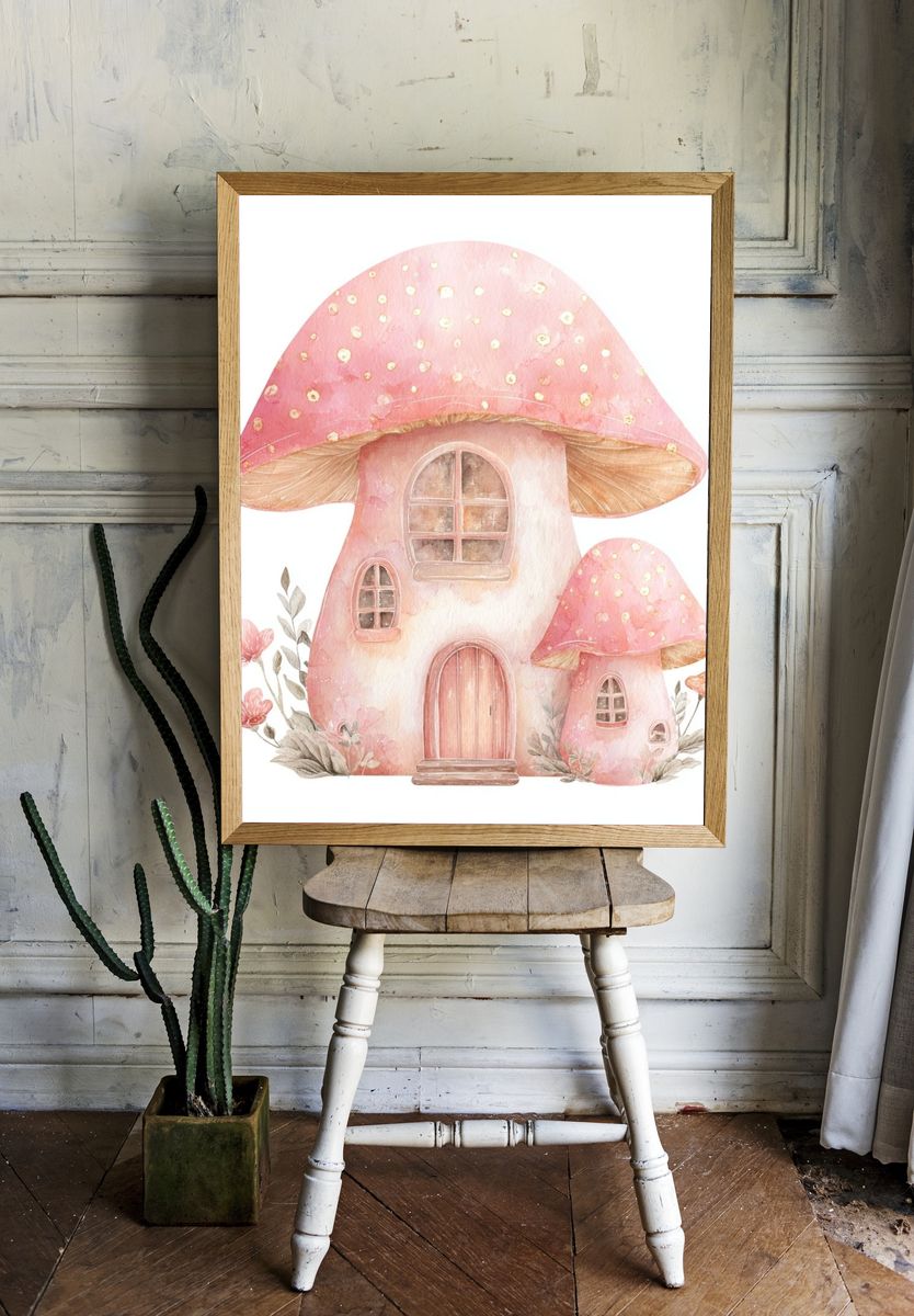 Pink Mushroom Cottage Watercolor Print. room preview