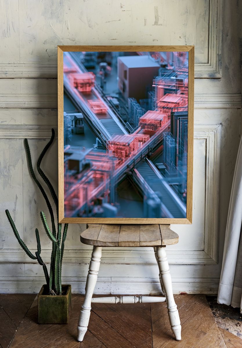 Neon Circuit Cityscape Print. room preview