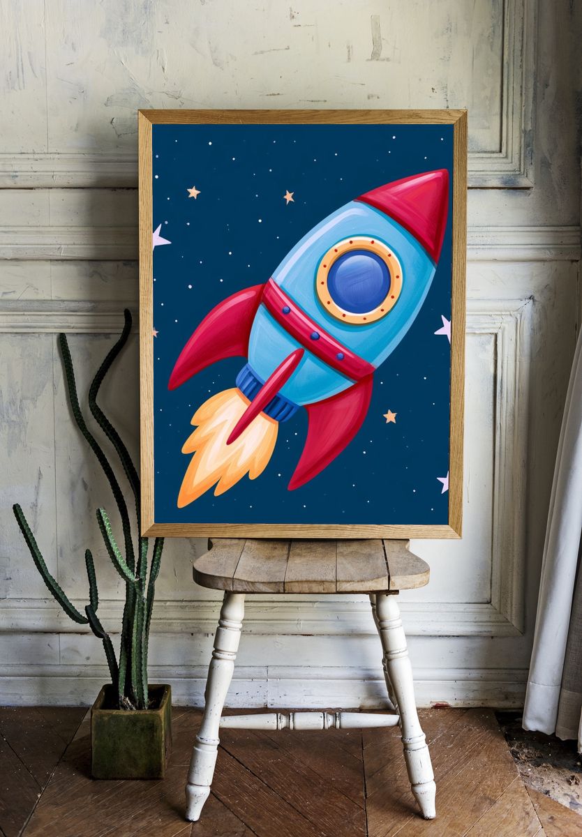 Rocket in Space Illustration Poster. — room view 1