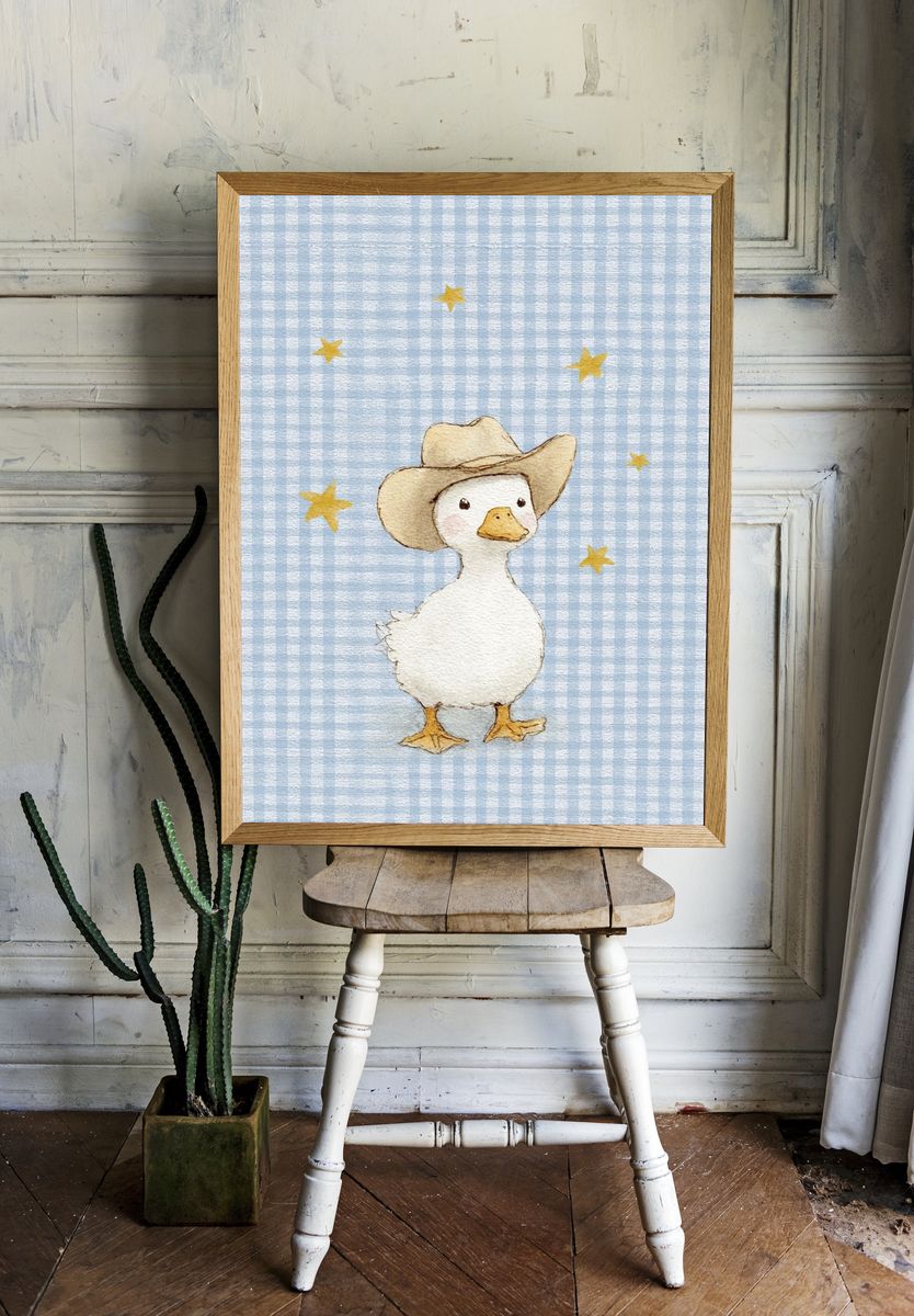 Cowboy Duck Watercolor Print. room preview