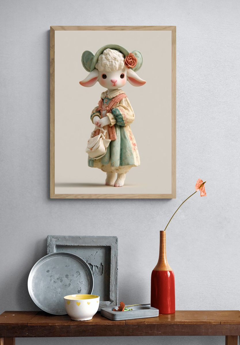 Pastel Lamb Figurine Illustration Poster. — room view 3