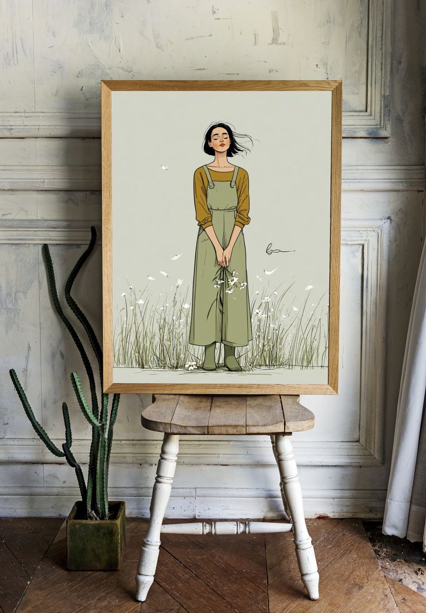 Girl in Meadow Illustration Poster. room preview
