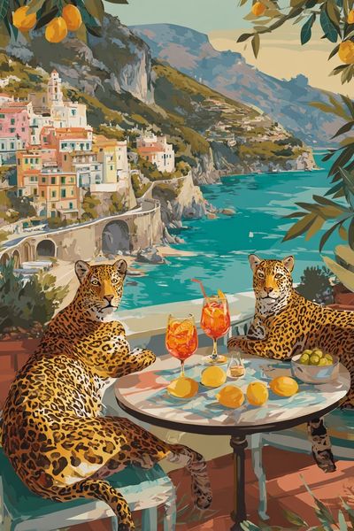 Amalfi Leopards Illustration Poster. poster